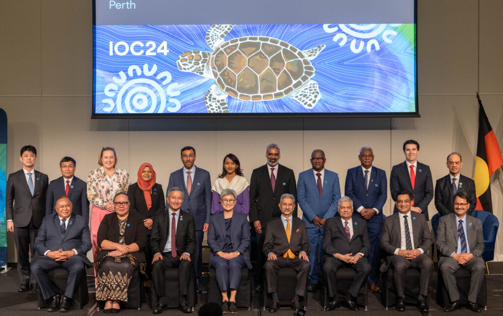 Senator the Hon. Penny Wong, Minister for Foreign Affairs onstage with high level dignitaries at the inaugural session of the Indian Ocean Conference (IOC) in Perth on Friday 9 February, 2024. 